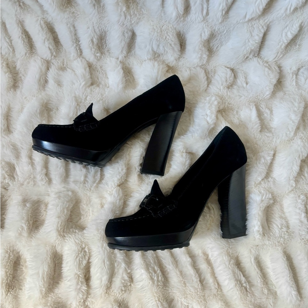TOD’S Suede Chunky Heel Loafer - Black